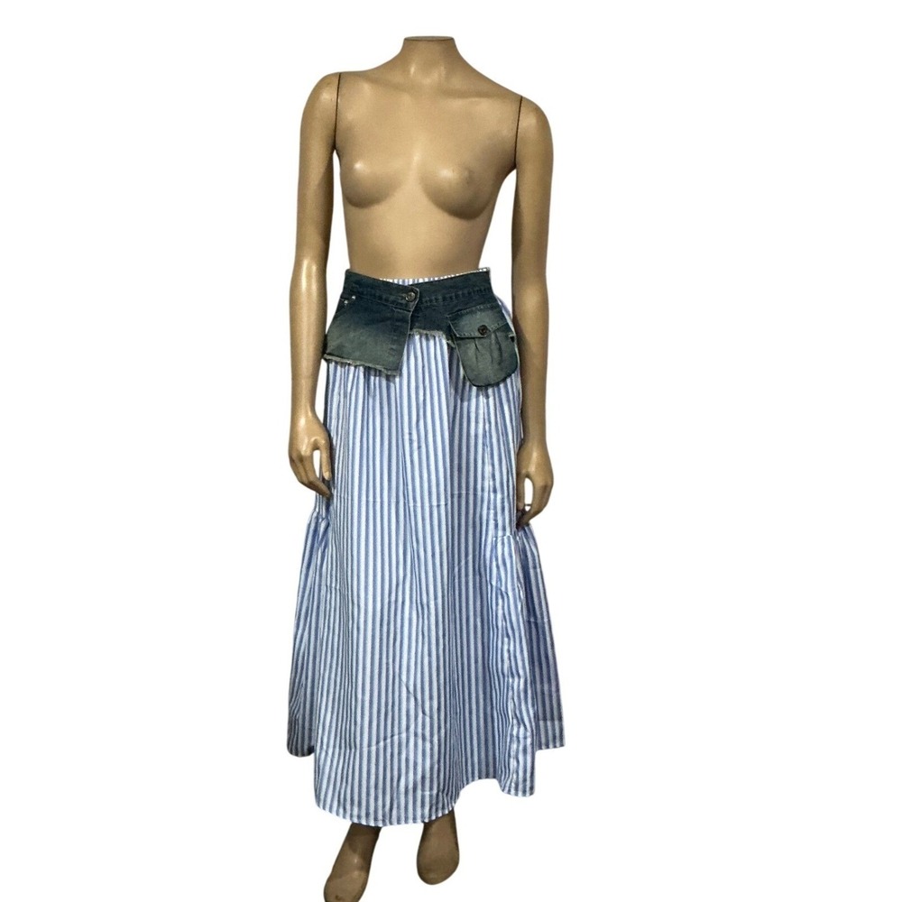 Be You Blue White Striped Denim Tiered Maxi Skirt Boho Excellent S
